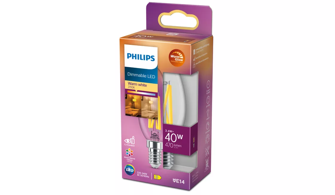 LED-kertepære klar 40W B35 E14 Philips