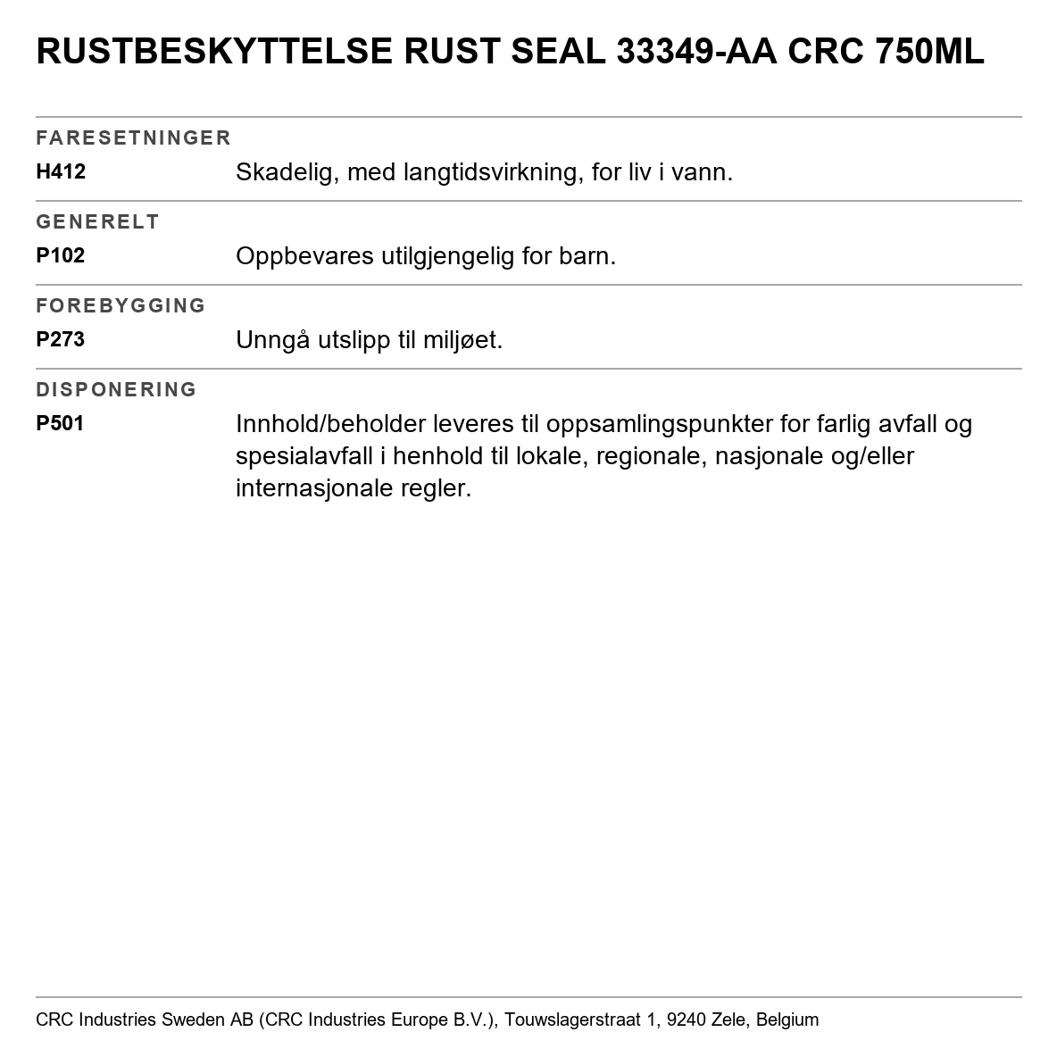 Rustbeskyttelse Rust Seal 33349-AA CRC