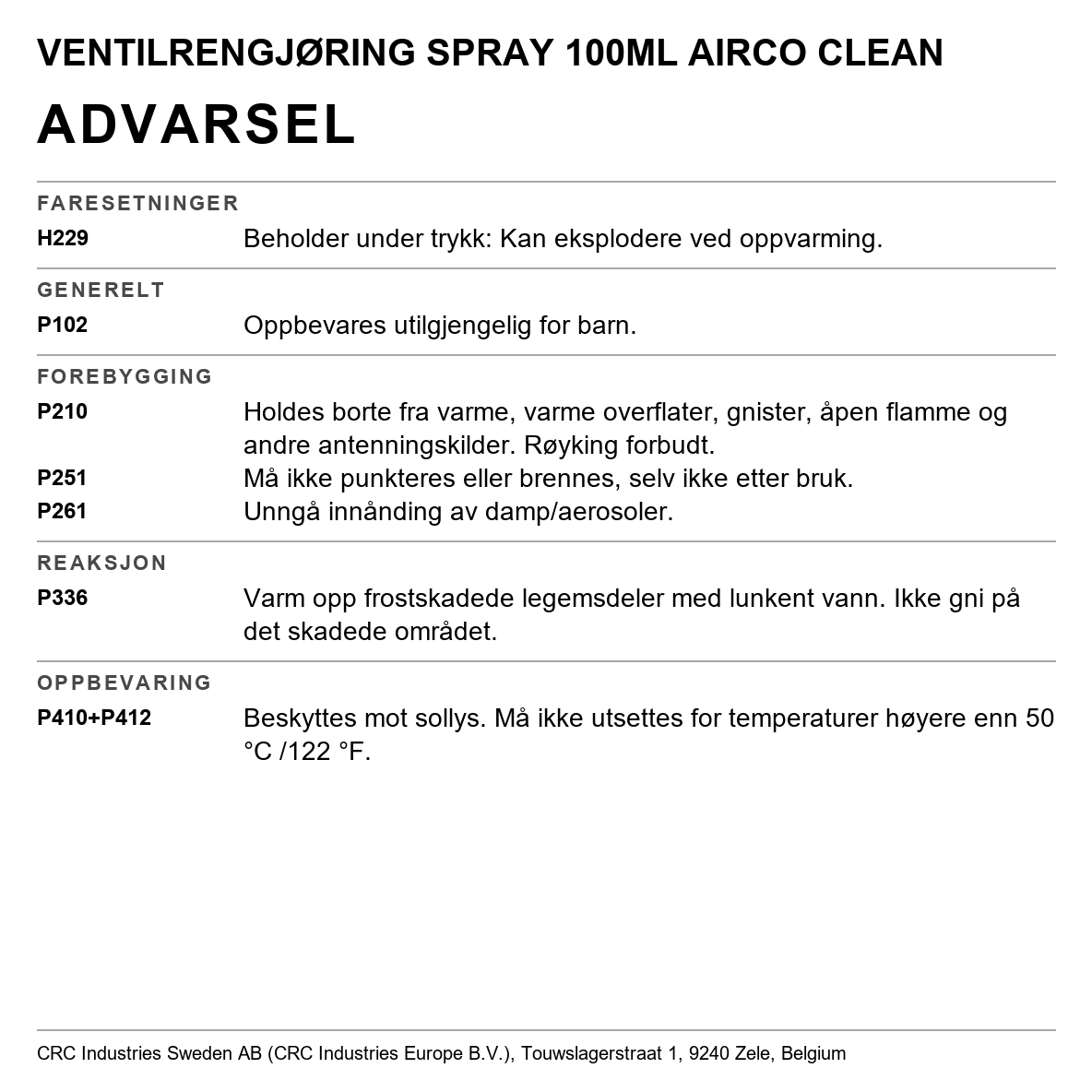 Rengjøring CRC Airco Kleen 1225