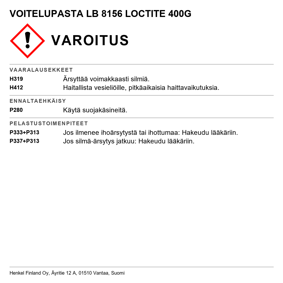 Metalliton tarttumista estävä voiteluaine Loctite LB 8156