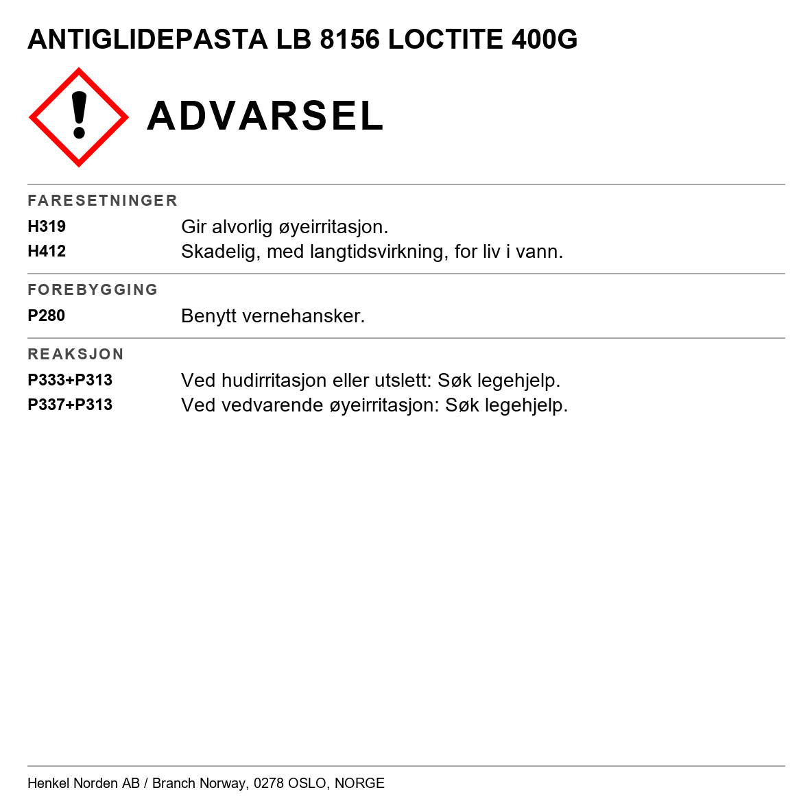 Metallfritt antiglippsmøremiddel Loctite LB 8156