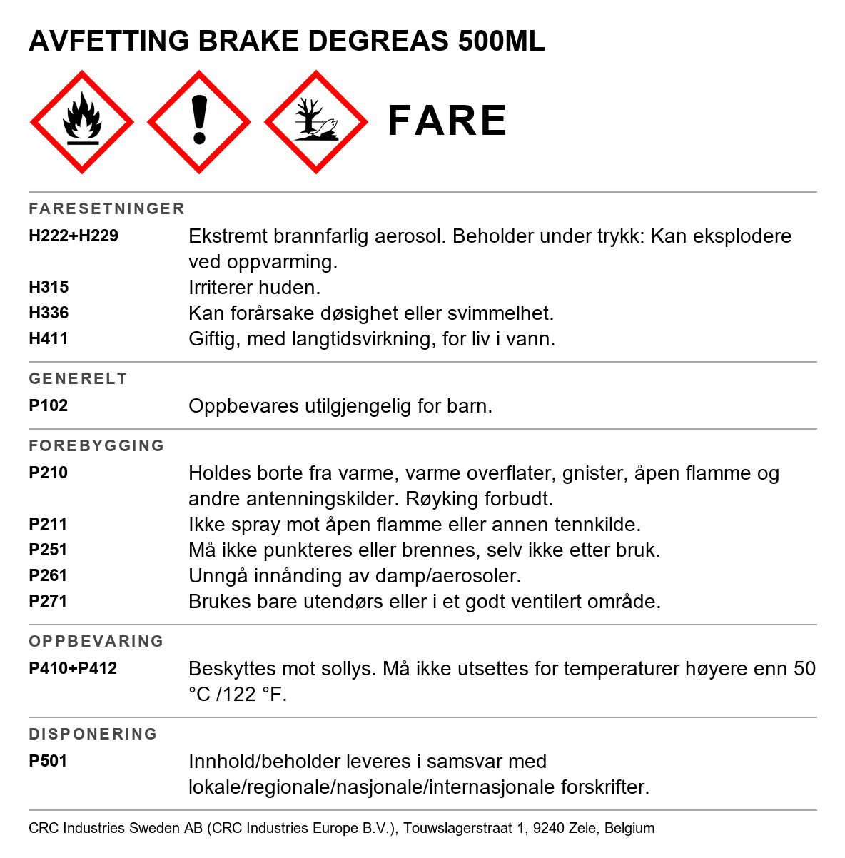 Avfettingsmiddel CRC Brake Degreaser 30086-AB