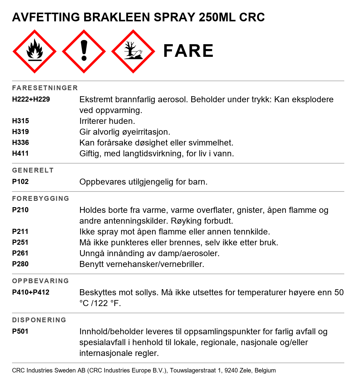 Avfettingsmiddel CRC Bräkleen 1021 / 1023