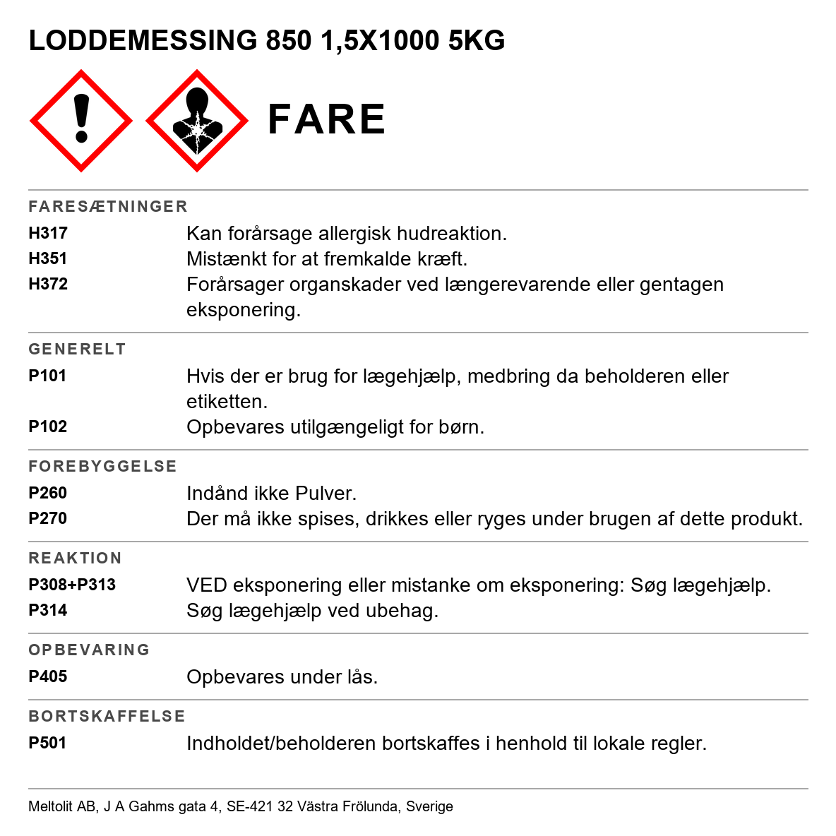 Loddemetal af messing M 850 Meltolit