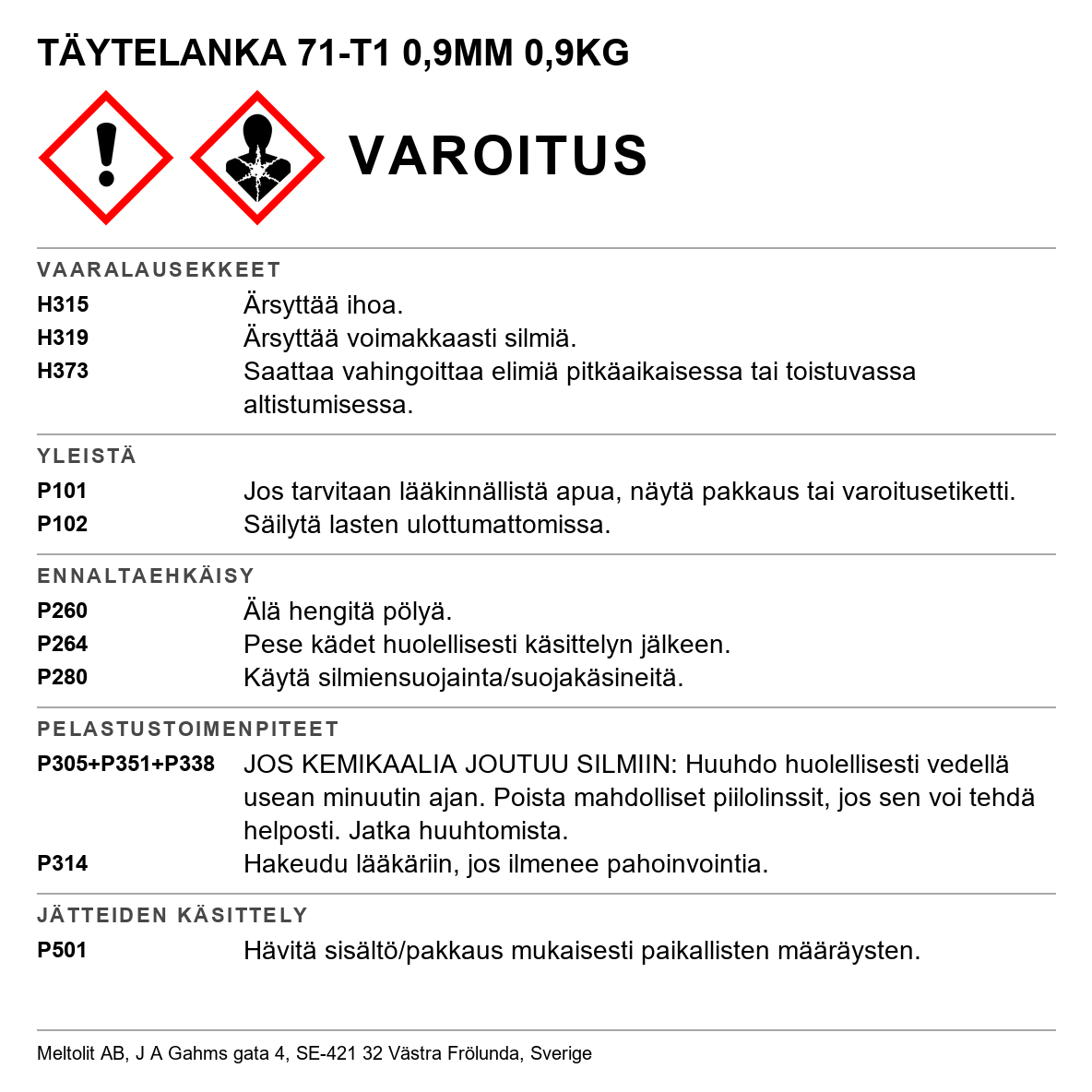 Kaasuton täytelanka 71-T1-SS Meltolit