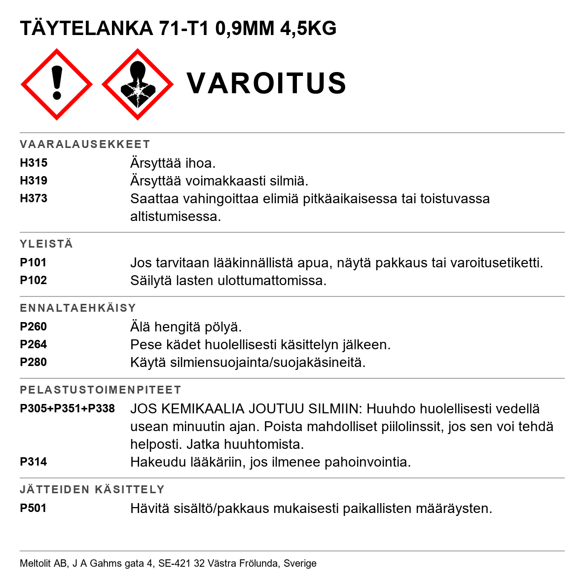 Kaasuton täytelanka 71-T1-SS Meltolit