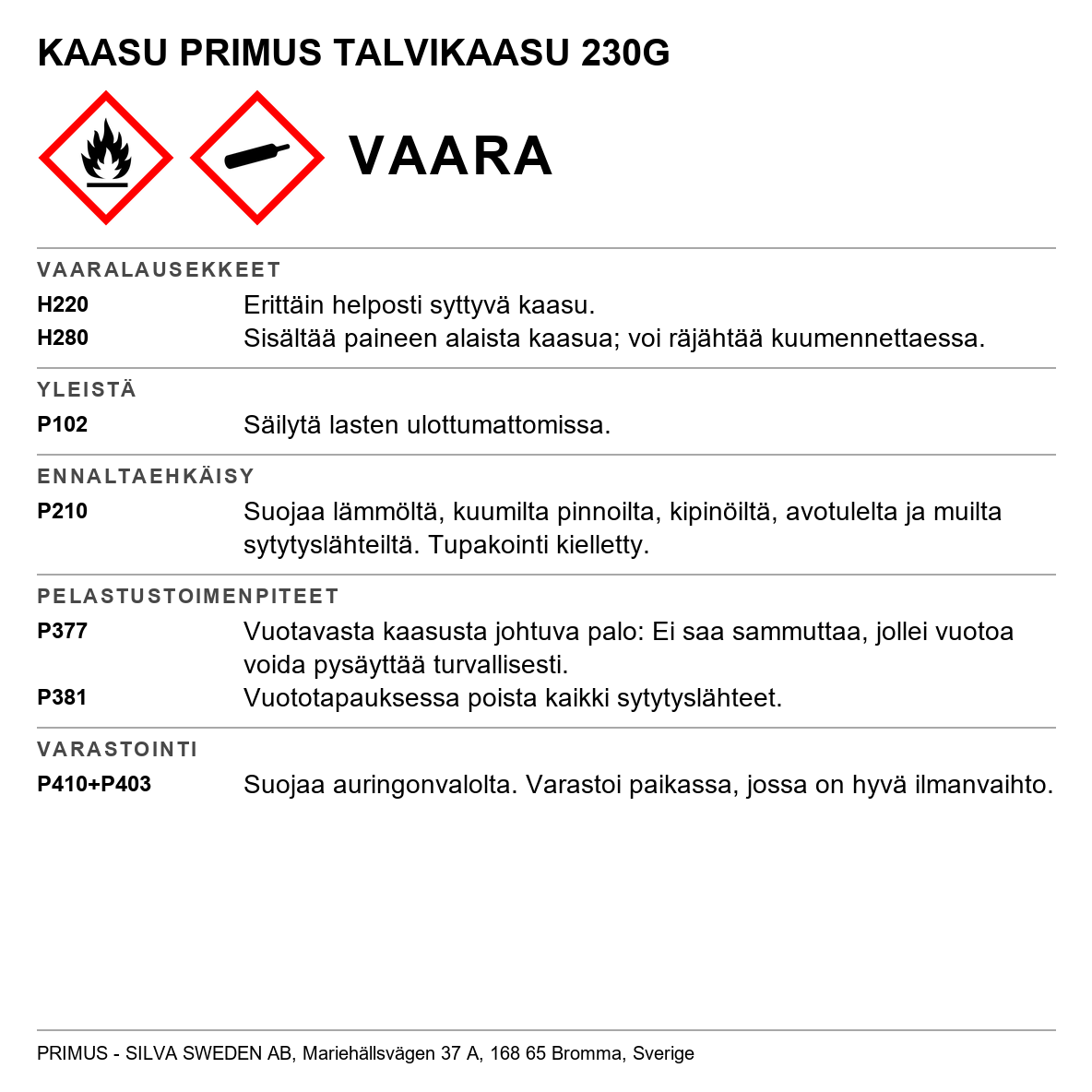 Nestekaasu Primus talvikaasu kertakäyttöpullo