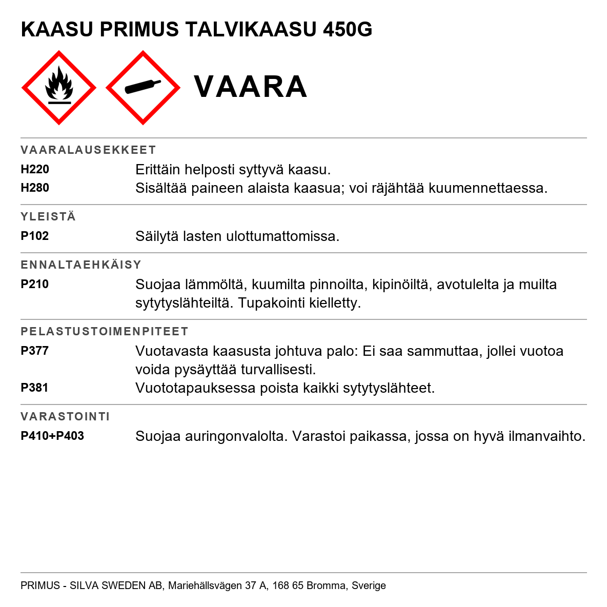 Nestekaasu Primus talvikaasu kertakäyttöpullo