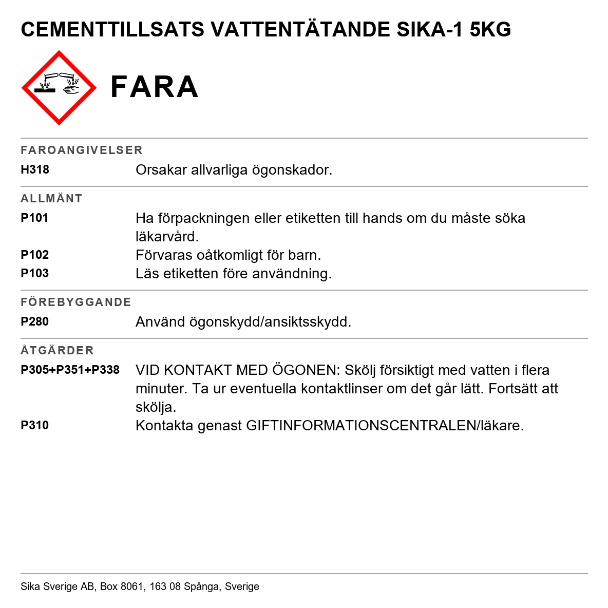 Vattentätande cementtillsats Sika-1