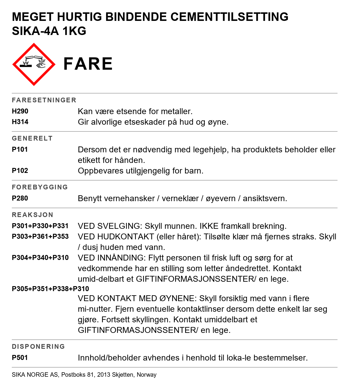 Hurtigherdingsmiddel Sika-4A