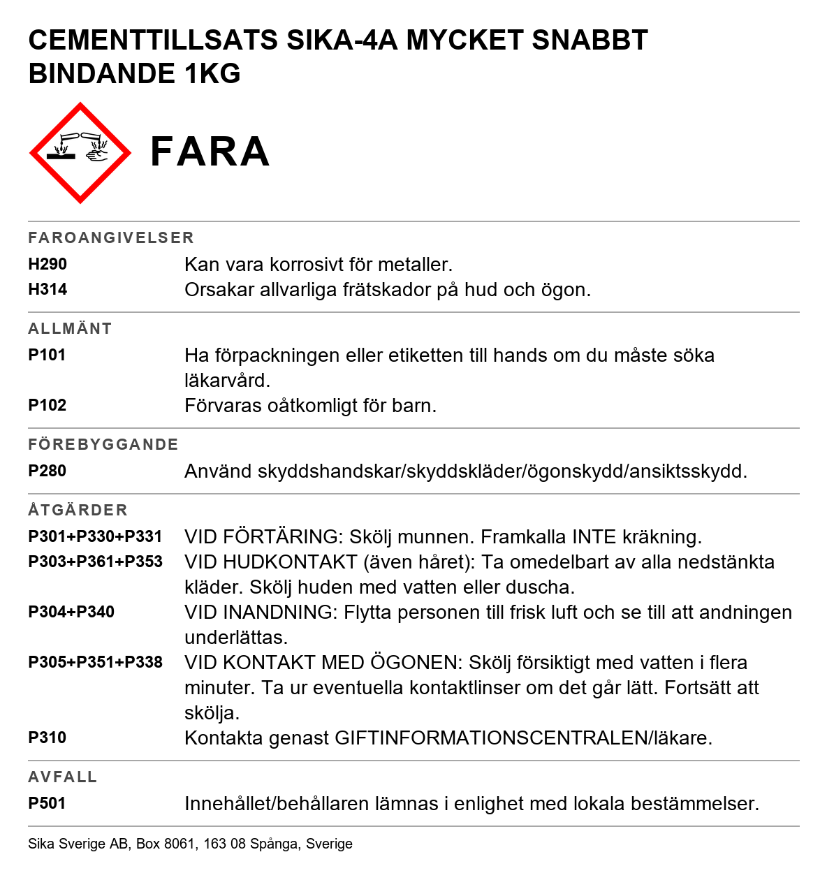 Mycket snabbt bindande cementtillsats Sika-4A