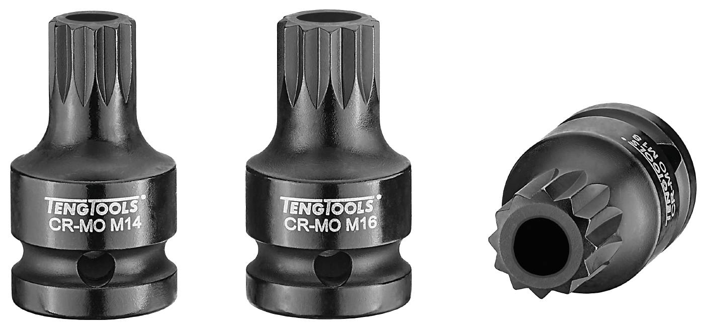 Impact socket bits for XZN with 1/2" square drive. Teng Tools 921814/923818