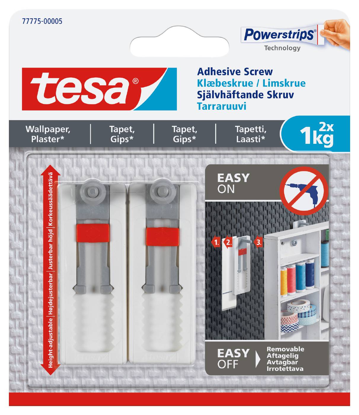 Adjustable adhesive screw for wallpaper and plaster Tesa