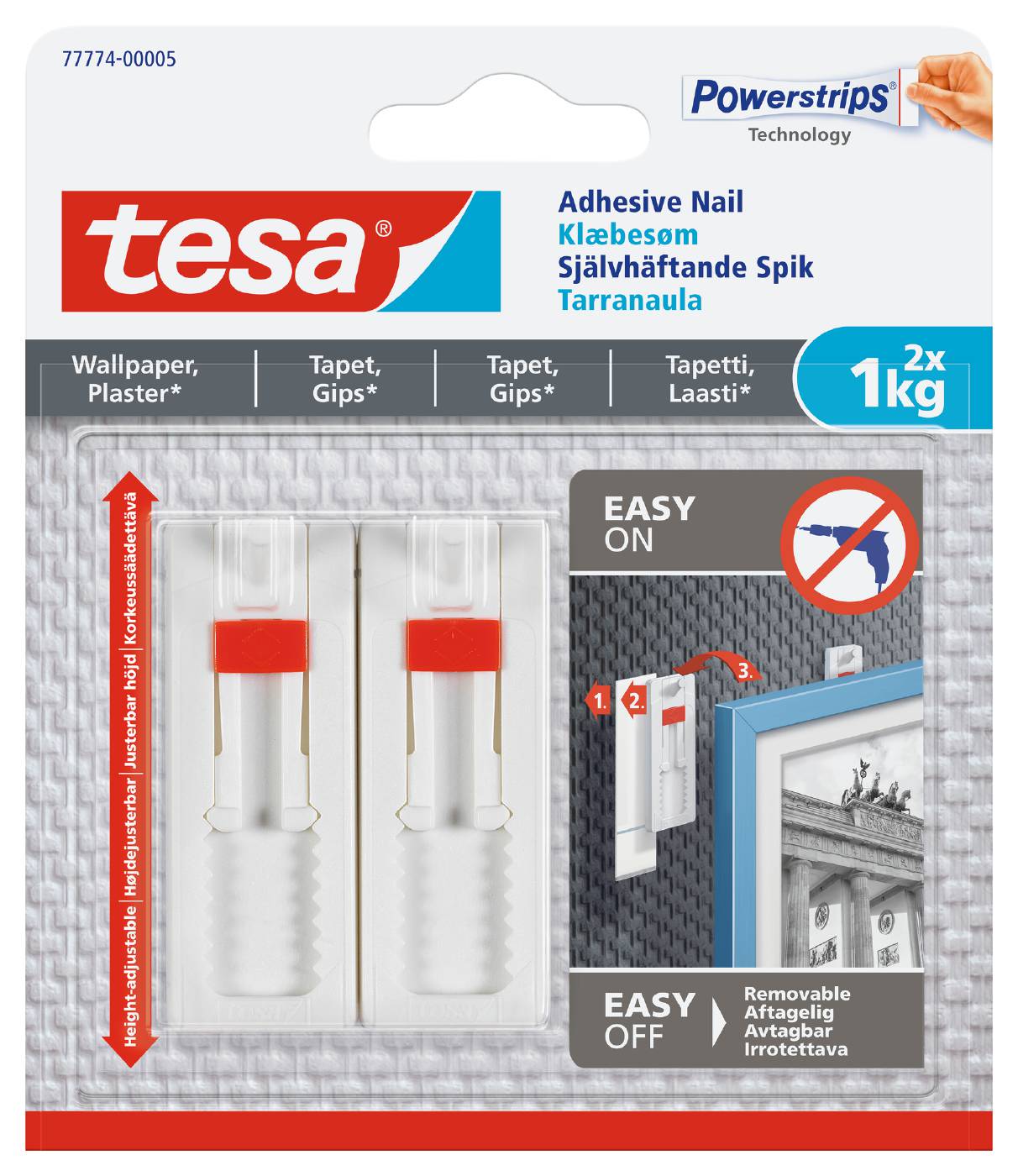 Adjustable adhesive nail for wallpaper and plaster Tesa