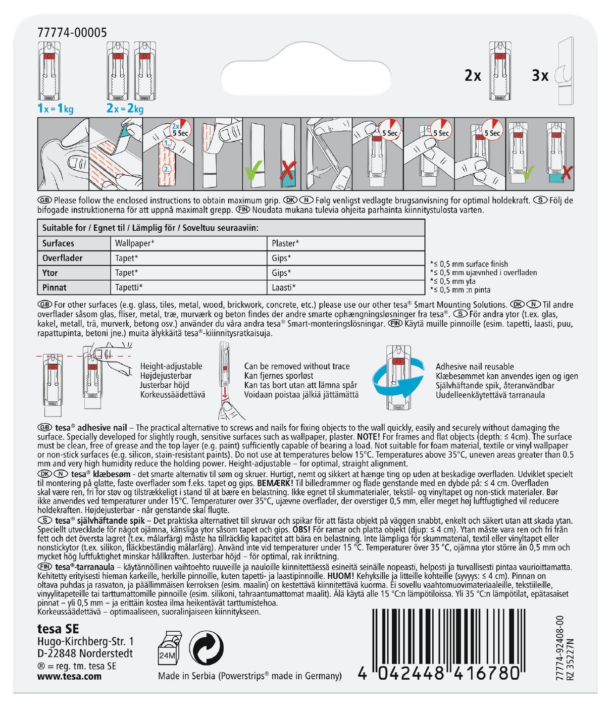 Adjustable adhesive nail for wallpaper and plaster Tesa