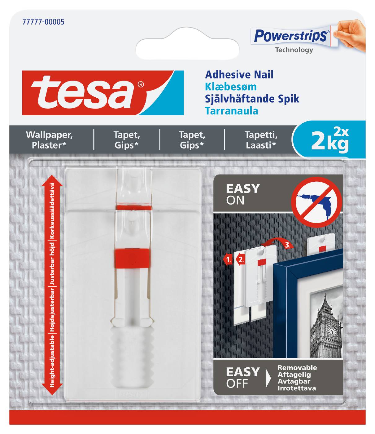 Adjustable adhesive nail for wallpaper and plaster Tesa