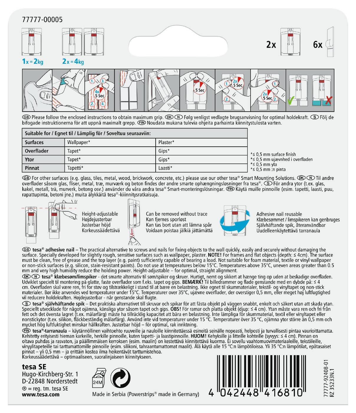 Adjustable adhesive nail for wallpaper and plaster Tesa