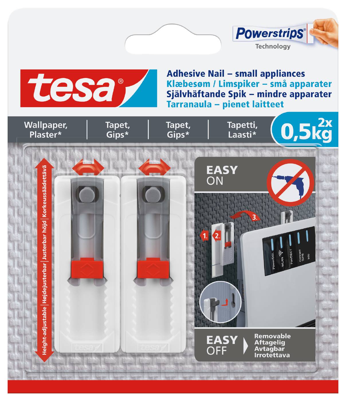 Adjustable adhesive nail for wallpaper and plaster Tesa