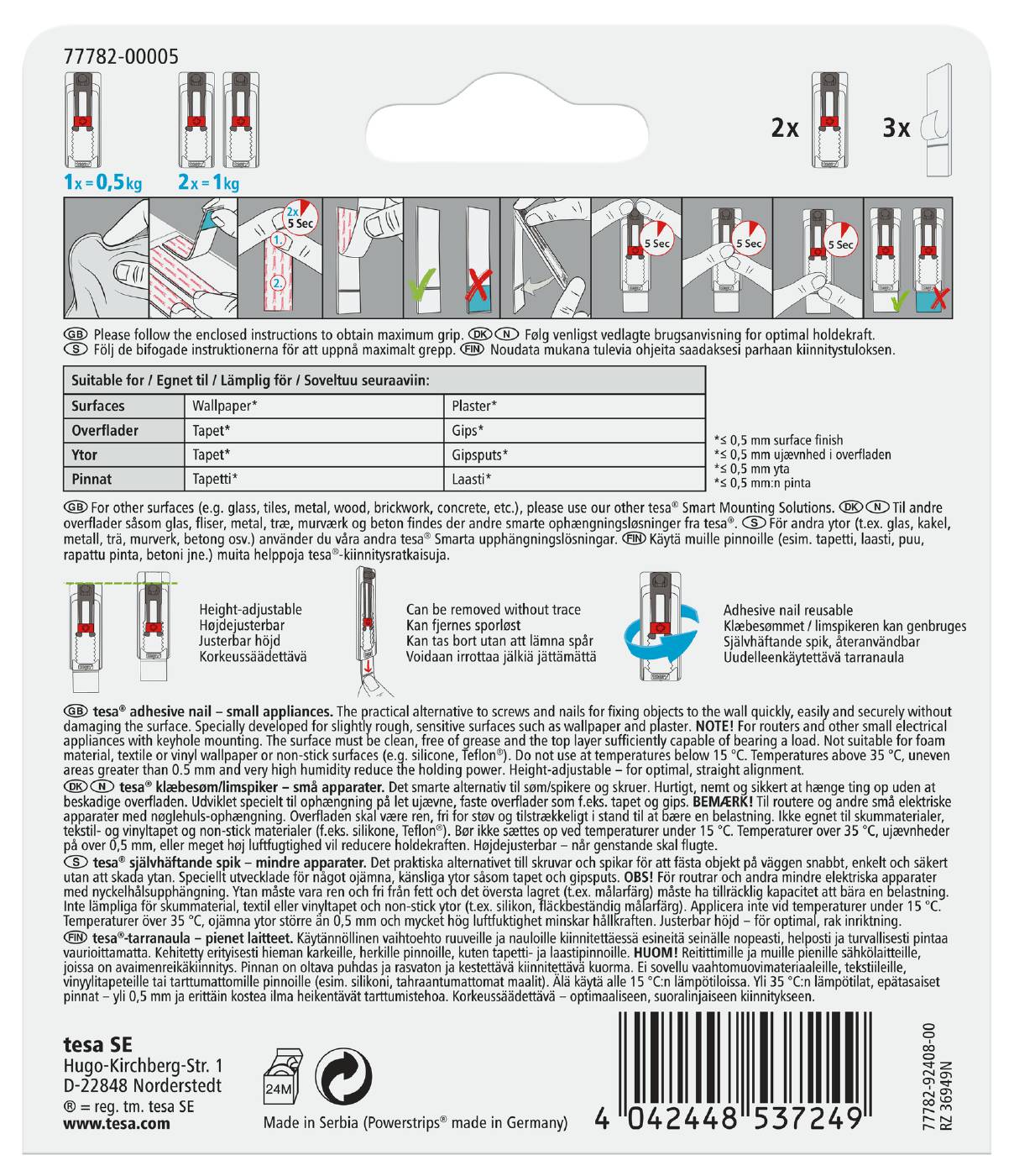 Adjustable adhesive nail for wallpaper and plaster Tesa