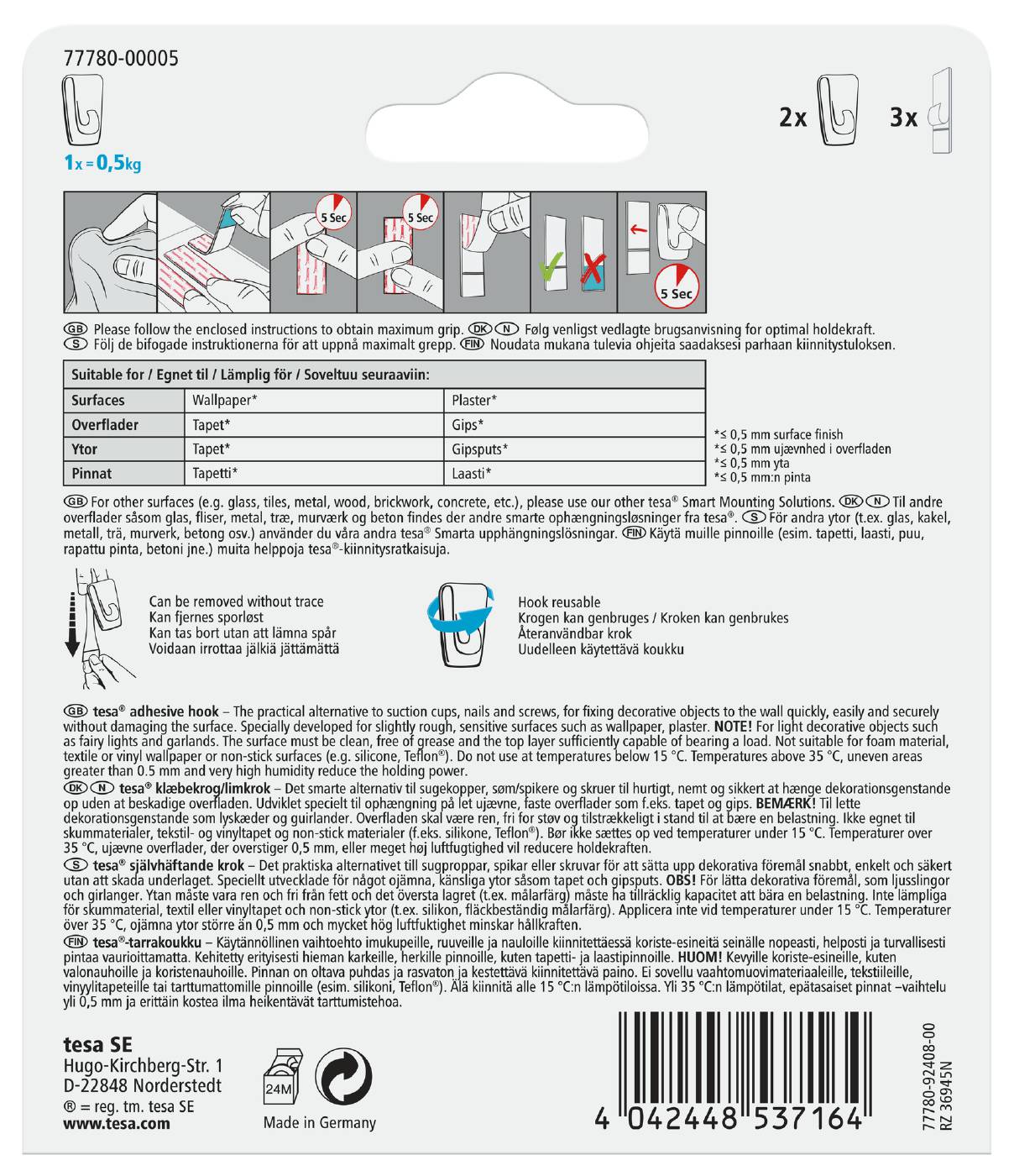 Adhesive hook for wallpaper & plaster Tesa