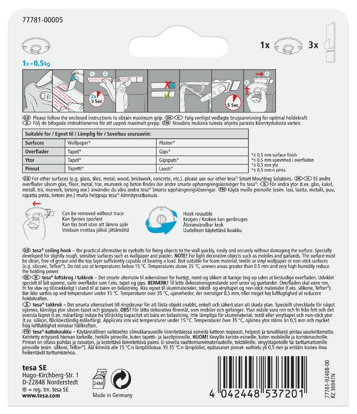 Ceiling hook for wallpaper and plaster Tesa