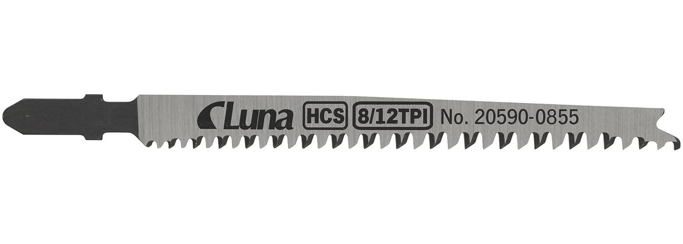 HCS jigsaw blades for wood and plastic, with progressive 3-phase ground teeth and tapered back