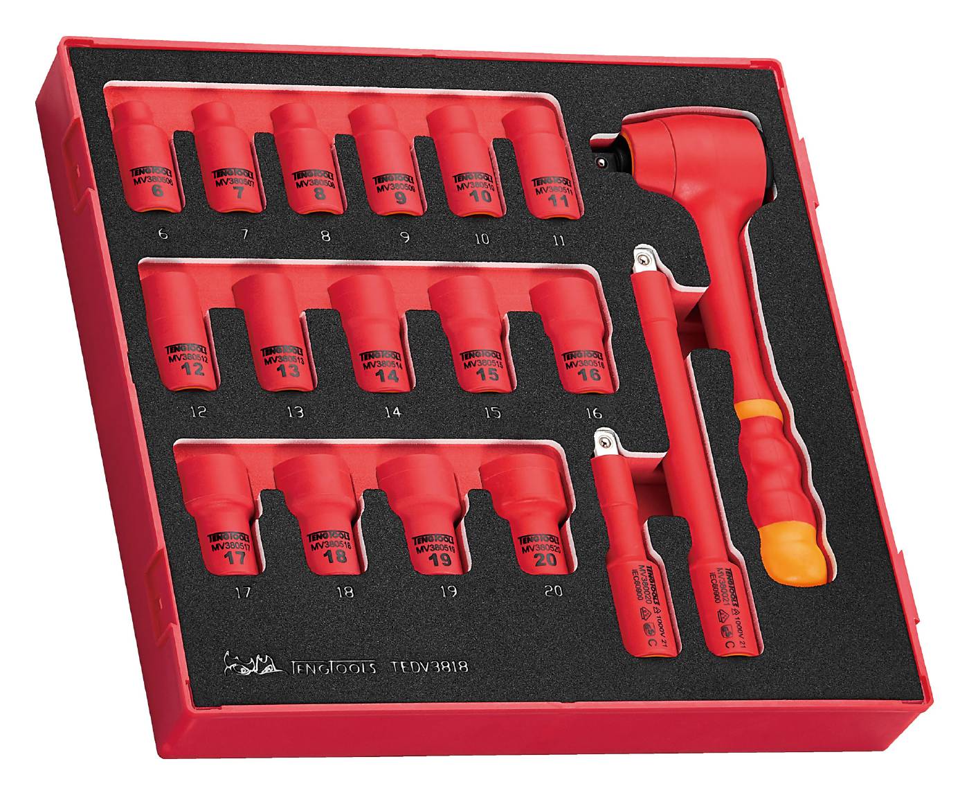 18 delars Hylsnyckelsats med 3/8'' fyrkantsfäste. Teng Tools TEDV3818 1000V