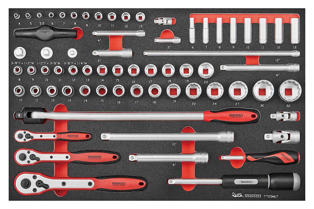 1/4'', 3/8'' & 1/2'' slagtopsæt med 67 dele Teng Tools TTESK67