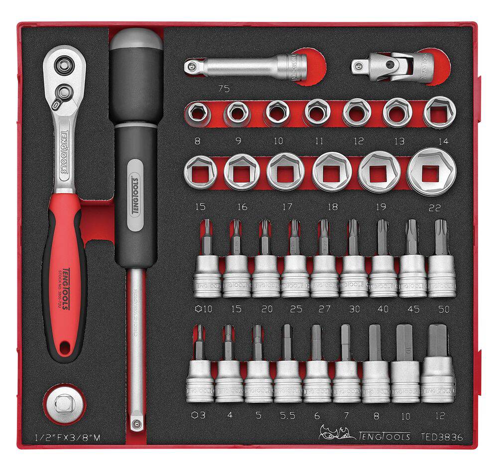 36 deler pipenøkkelsett med 3/8'' firkantfeste Teng Tools TED3836