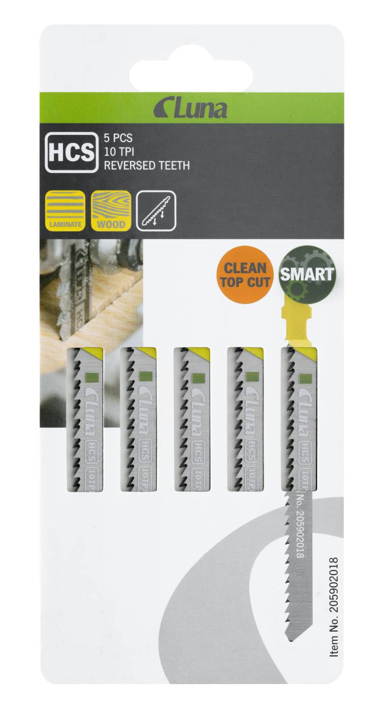 HCS jigsaw blades for wood, with ground teeth and reversed tooth design