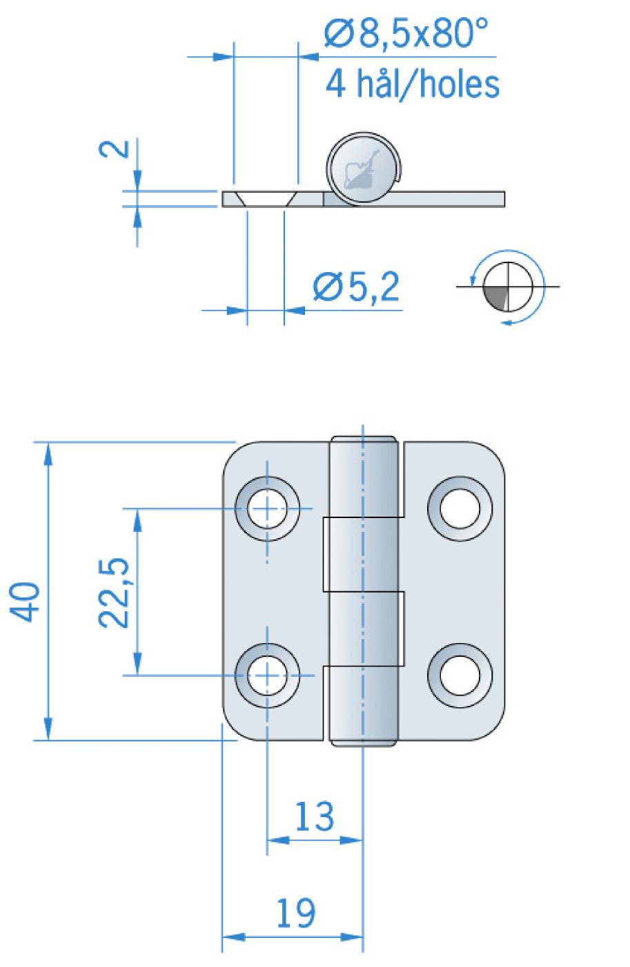 Gångjärn rostfritt RF 40×38 mm MILLERS
