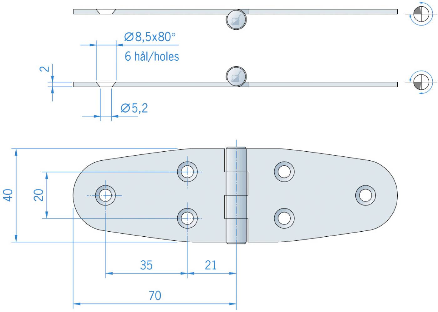 Gångjärn rostfritt RF 40×140 mm MILLERS