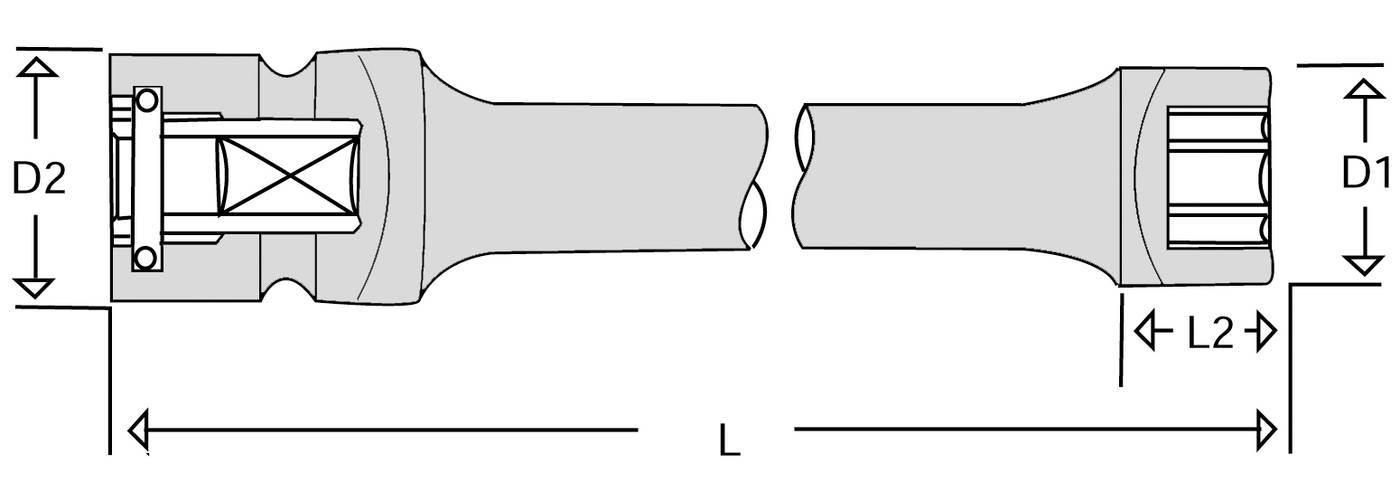 Sleeve drive" Impact socket. With 1/2" square drive and guide on the axle. Action 100–200 mm