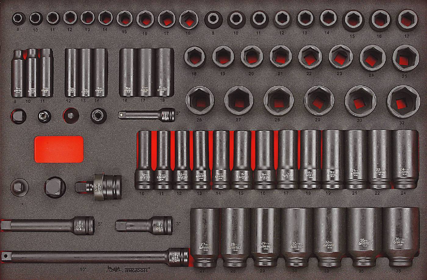 Kraftopsæt med 73 dele med 3/8'' og 1/2'' firkantfatning Teng Tools TTEISK73