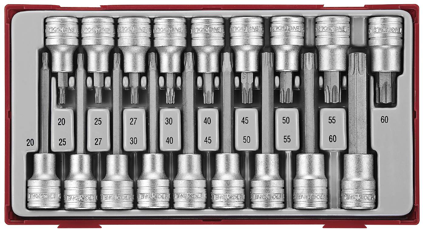 18 delars Hylsbitssats för TX-spår, 1/2'' fyrkantsfäste. Teng Tools TTTX18
