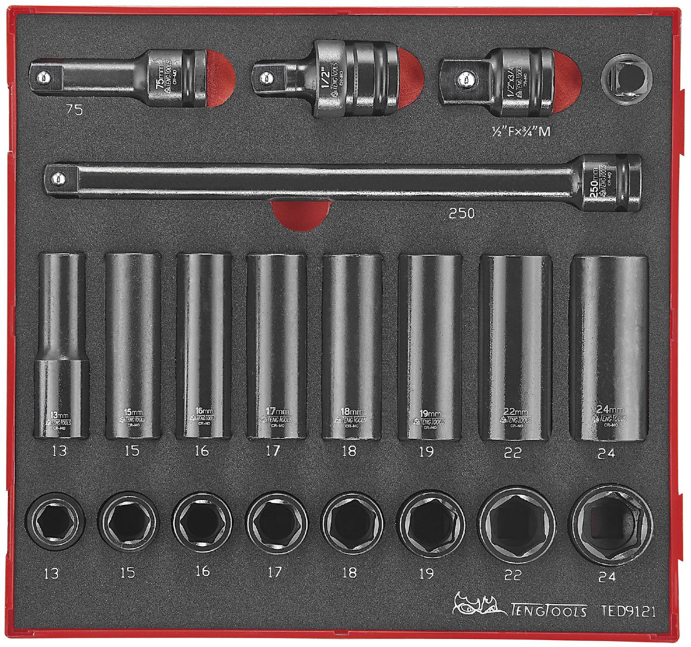 21 delars Krafthylssats med 1/2'' fyrkantsfäste. Teng Tools TED 9121
